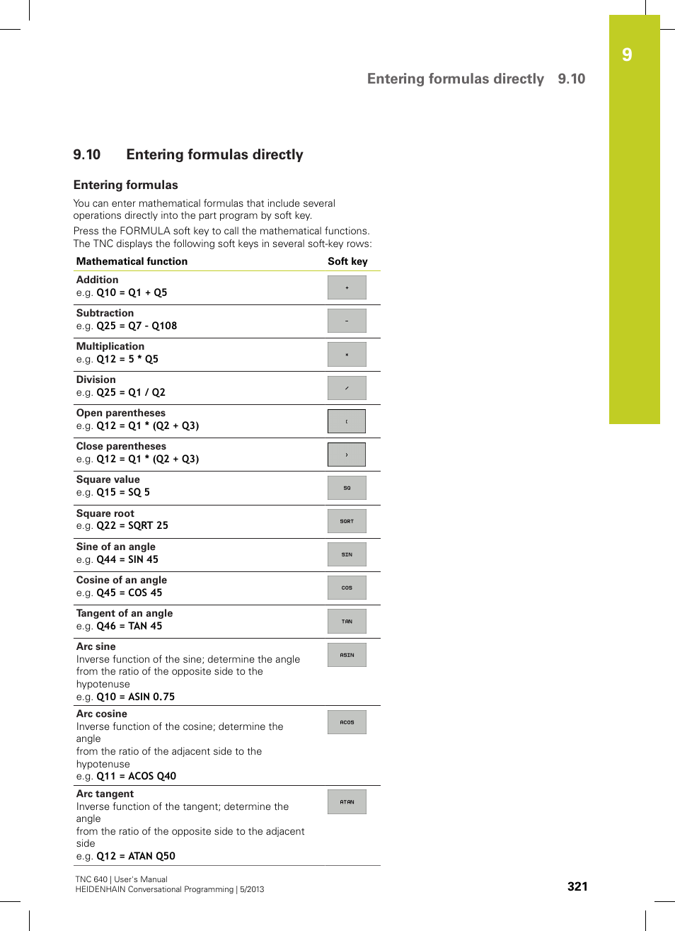 10 entering formulas directly, Entering formulas, Entering formulas directly | Entering formulas directly 9.10 | HEIDENHAIN TNC 640 (34059x-02) User Manual | Page 321 / 662