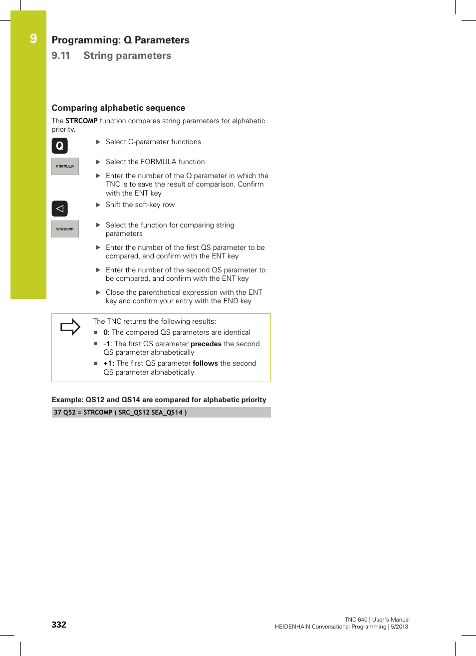 Comparing alphabetic sequence, Programming: q parameters 9.11 string parameters | HEIDENHAIN TNC 640 (34059x-02) User Manual | Page 332 / 662