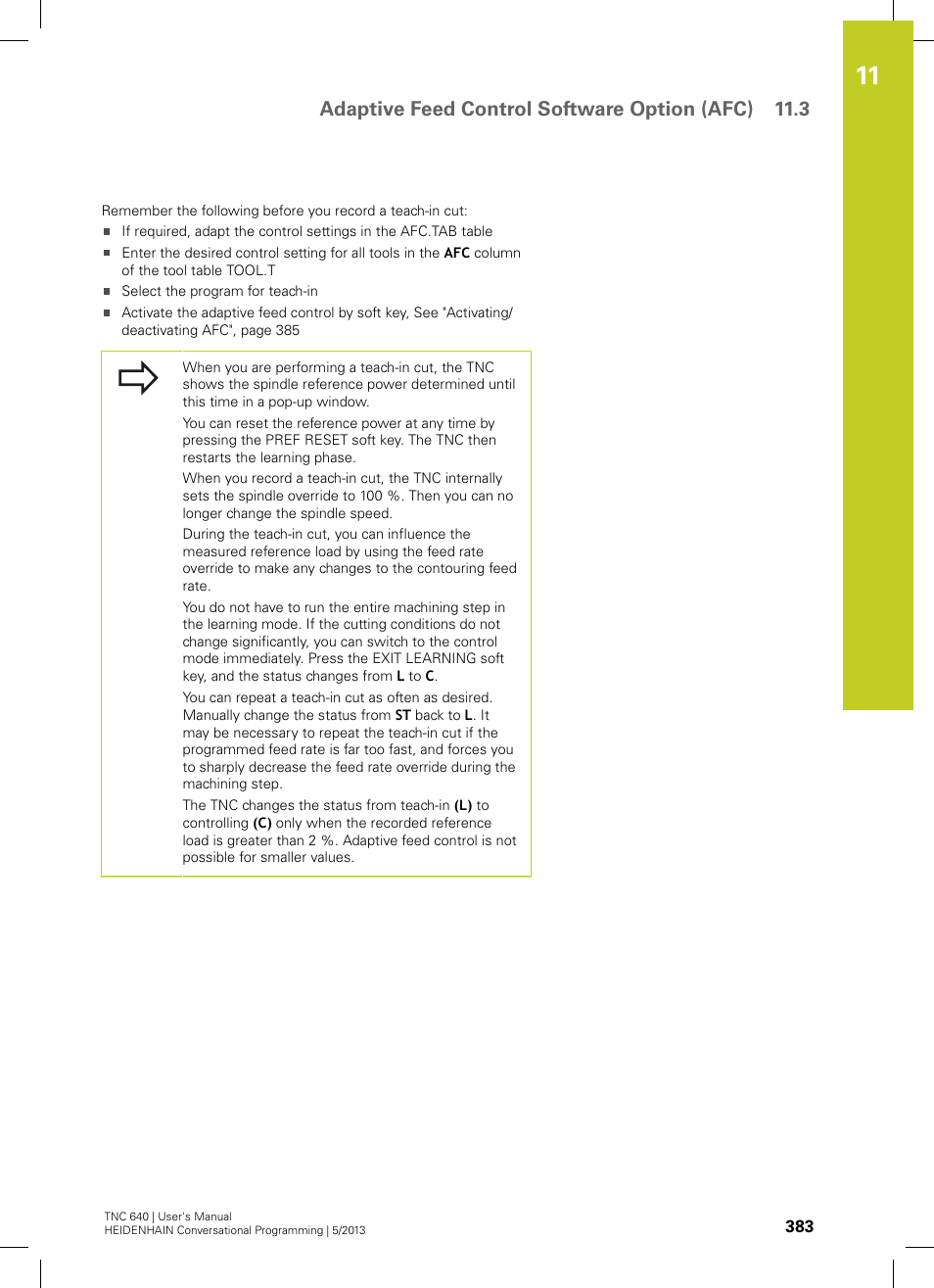 Adaptive feed control software option (afc) 11.3 | HEIDENHAIN TNC 640 (34059x-02) User Manual | Page 383 / 662