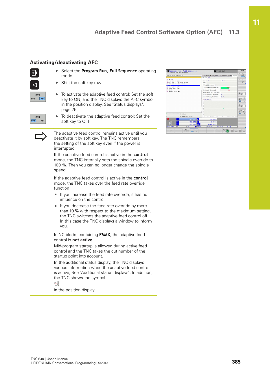 Activating/deactivating afc, Adaptive feed control software option (afc) 11.3 | HEIDENHAIN TNC 640 (34059x-02) User Manual | Page 385 / 662