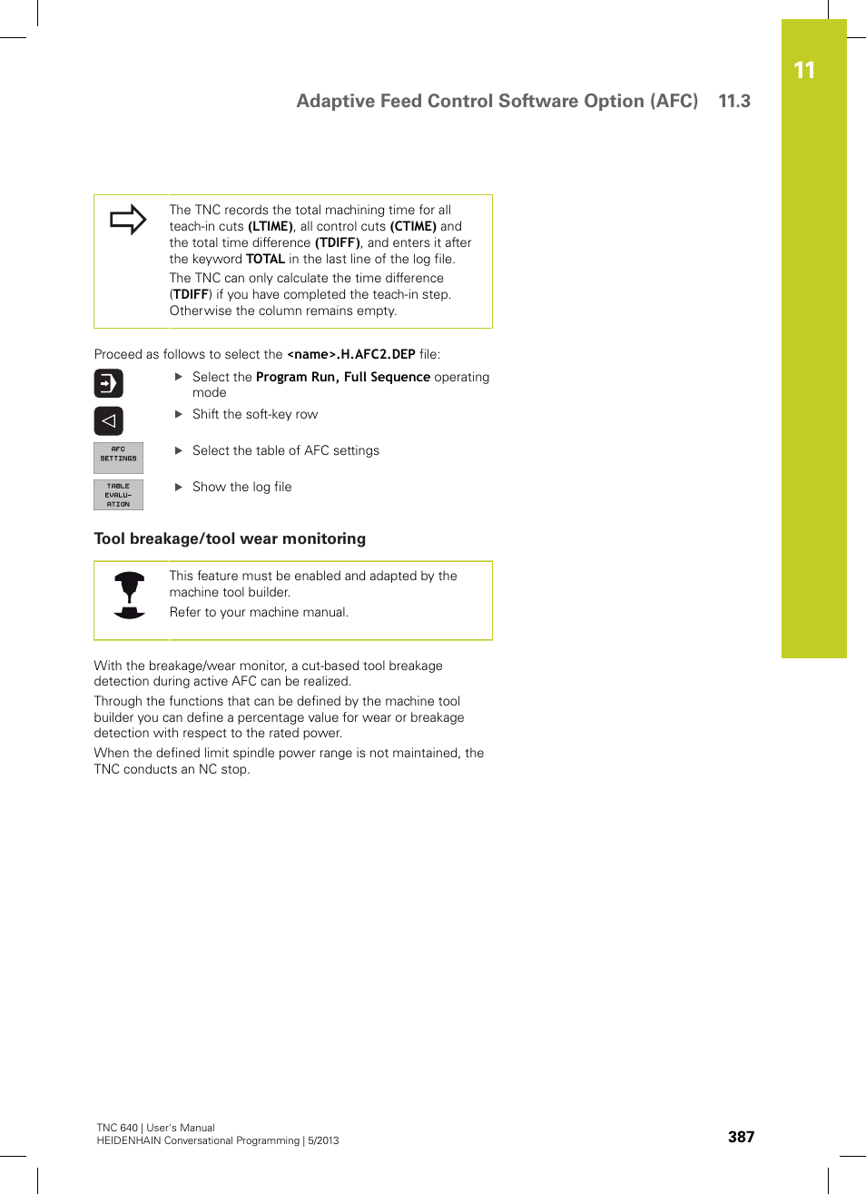 Tool breakage/tool wear monitoring, Adaptive feed control software option (afc) 11.3 | HEIDENHAIN TNC 640 (34059x-02) User Manual | Page 387 / 662