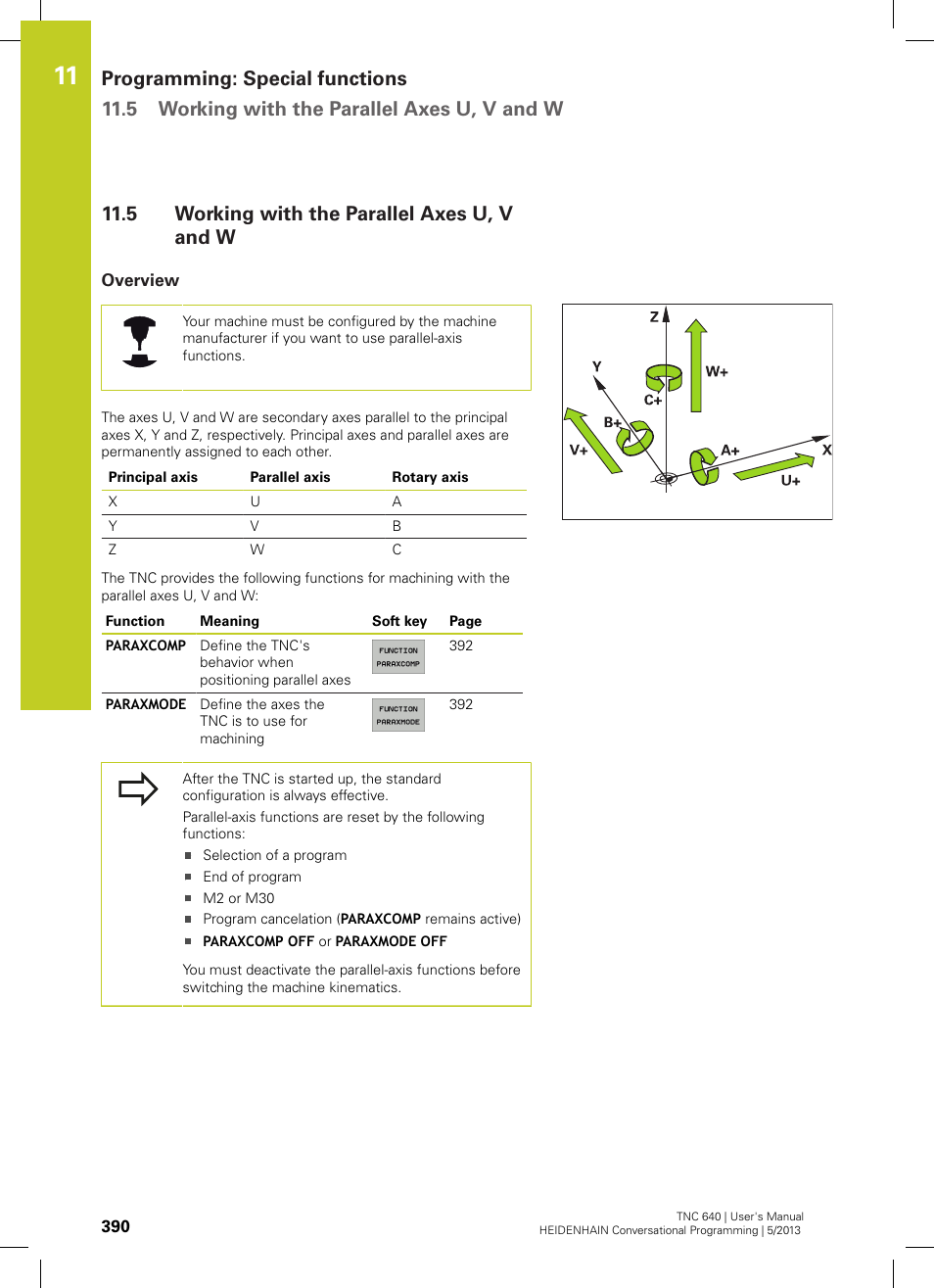 5 working with the parallel axes u, v and w, Overview, Working with the parallel axes u, v and w | HEIDENHAIN TNC 640 (34059x-02) User Manual | Page 390 / 662
