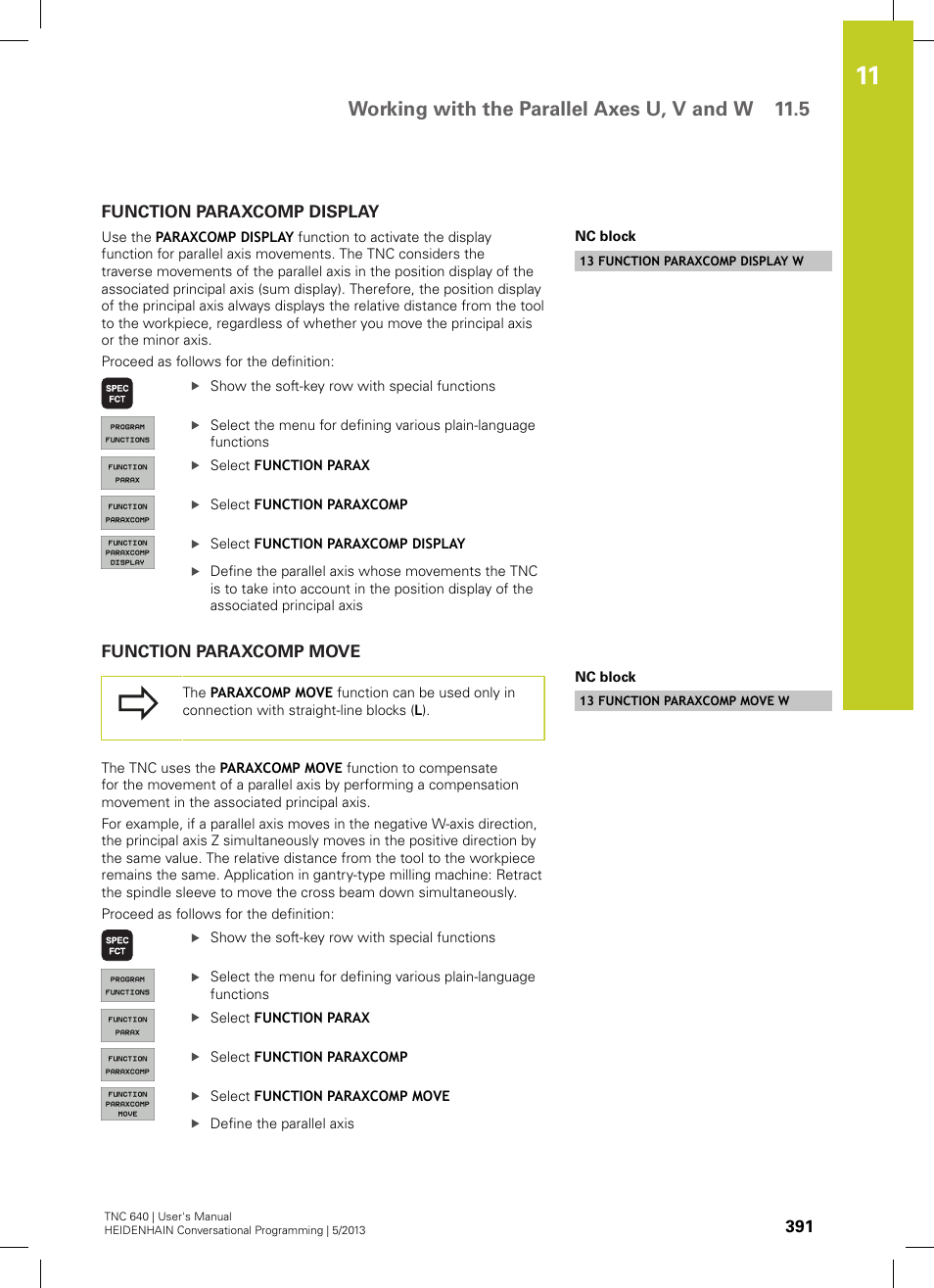 Function paraxcomp display, Function paraxcomp move, Working with the parallel axes u, v and w 11.5 | HEIDENHAIN TNC 640 (34059x-02) User Manual | Page 391 / 662