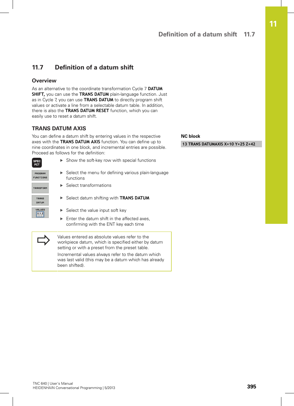 7 definition of a datum shift, Overview, Trans datum axis | Definition of a datum shift, Definition of a datum shift 11.7 | HEIDENHAIN TNC 640 (34059x-02) User Manual | Page 395 / 662