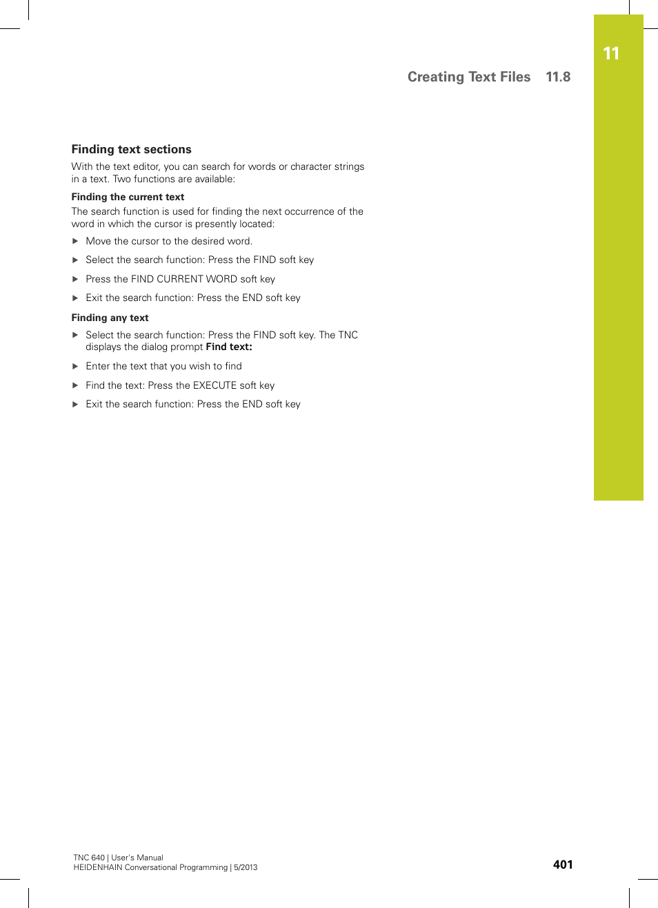 Finding text sections, Creating text files 11.8 | HEIDENHAIN TNC 640 (34059x-02) User Manual | Page 401 / 662