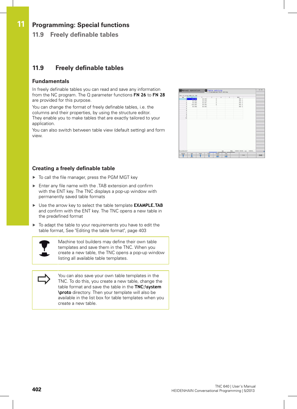9 freely definable tables, Fundamentals, Creating a freely definable table | Freely definable tables | HEIDENHAIN TNC 640 (34059x-02) User Manual | Page 402 / 662