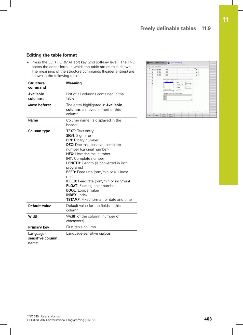 Editing the table format, Freely definable tables 11.9 | HEIDENHAIN TNC 640 (34059x-02) User Manual | Page 403 / 662
