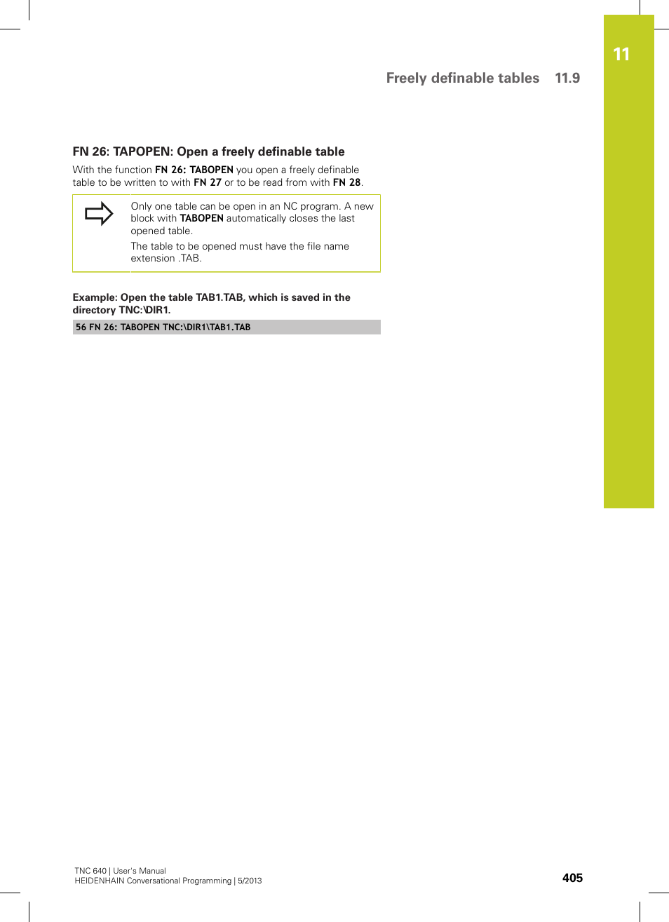 Fn 26: tapopen: open a freely definable table, Freely definable tables 11.9 | HEIDENHAIN TNC 640 (34059x-02) User Manual | Page 405 / 662