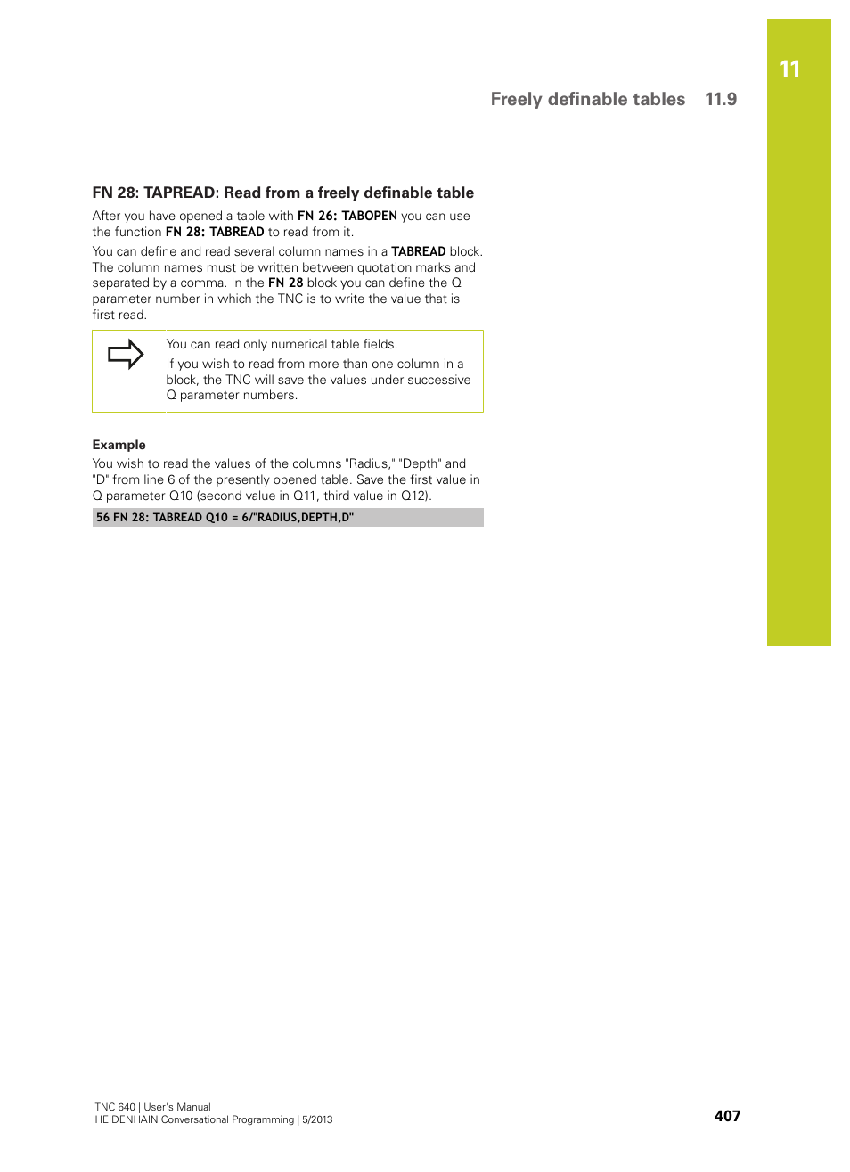 Fn 28: tapread: read from a freely definable table, Freely definable tables 11.9 | HEIDENHAIN TNC 640 (34059x-02) User Manual | Page 407 / 662