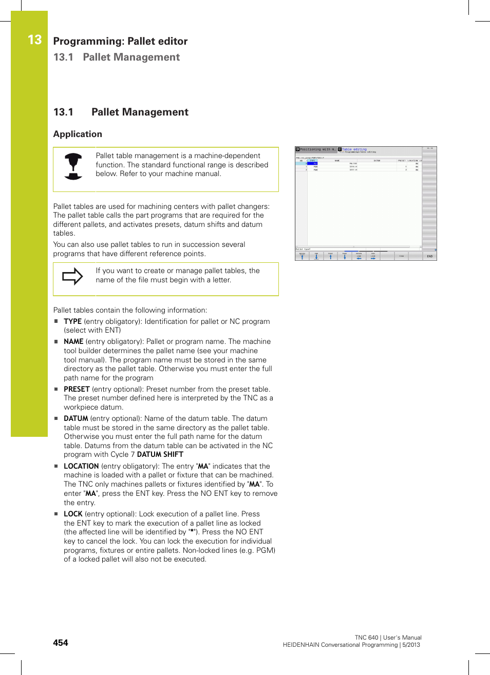 1 pallet management, Application, Pallet management | Programming: pallet editor 13.1 pallet management | HEIDENHAIN TNC 640 (34059x-02) User Manual | Page 454 / 662