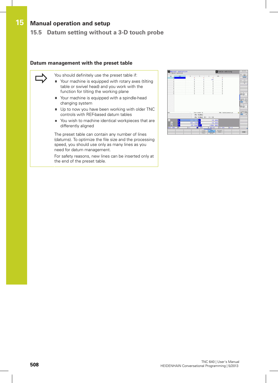 Datum management with the preset table | HEIDENHAIN TNC 640 (34059x-02) User Manual | Page 508 / 662