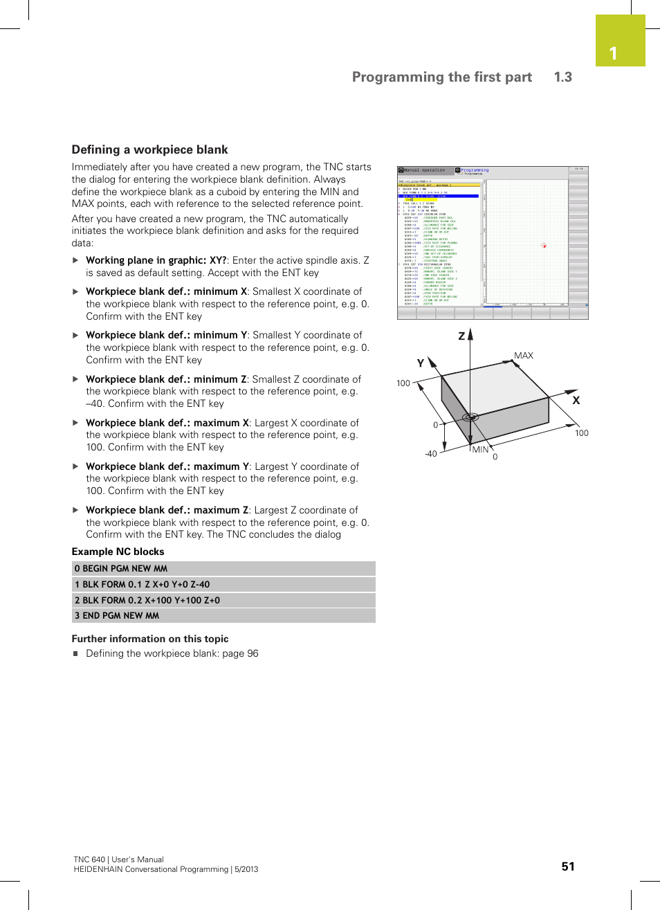Defining a workpiece blank, Programming the first part 1.3 | HEIDENHAIN TNC 640 (34059x-02) User Manual | Page 51 / 662