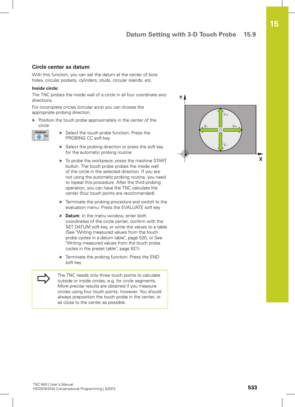 Circle center as datum, Datum setting with 3-d touch probe 15.9 | HEIDENHAIN TNC 640 (34059x-02) User Manual | Page 533 / 662