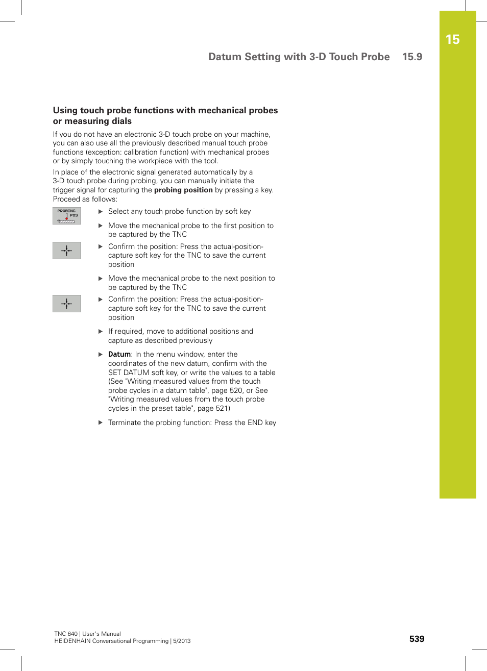 Datum setting with 3-d touch probe 15.9 | HEIDENHAIN TNC 640 (34059x-02) User Manual | Page 539 / 662