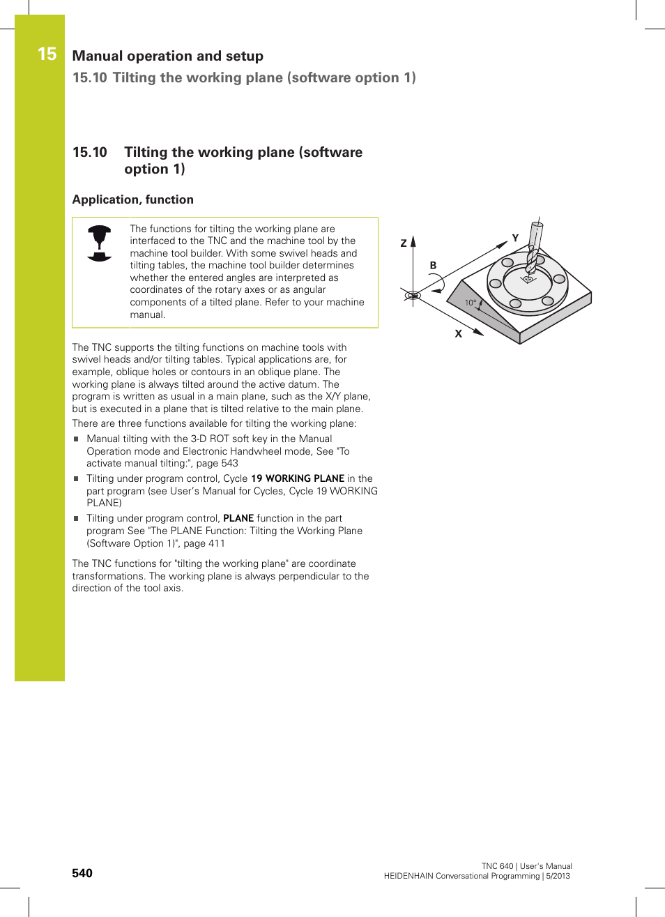 10 tilting the working plane (software option 1), Application, function, Tilting the working plane (software option 1) | HEIDENHAIN TNC 640 (34059x-02) User Manual | Page 540 / 662