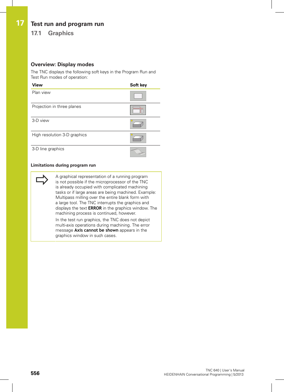 Overview: display modes, Test run and program run 17.1 graphics | HEIDENHAIN TNC 640 (34059x-02) User Manual | Page 556 / 662