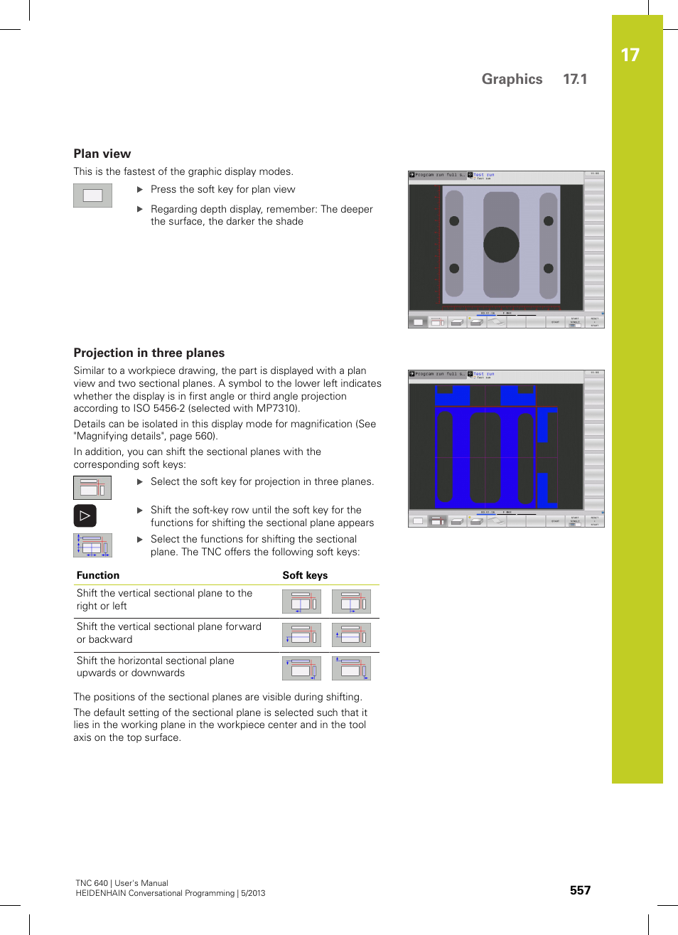 Plan view, Projection in three planes, Graphics 17.1 | HEIDENHAIN TNC 640 (34059x-02) User Manual | Page 557 / 662