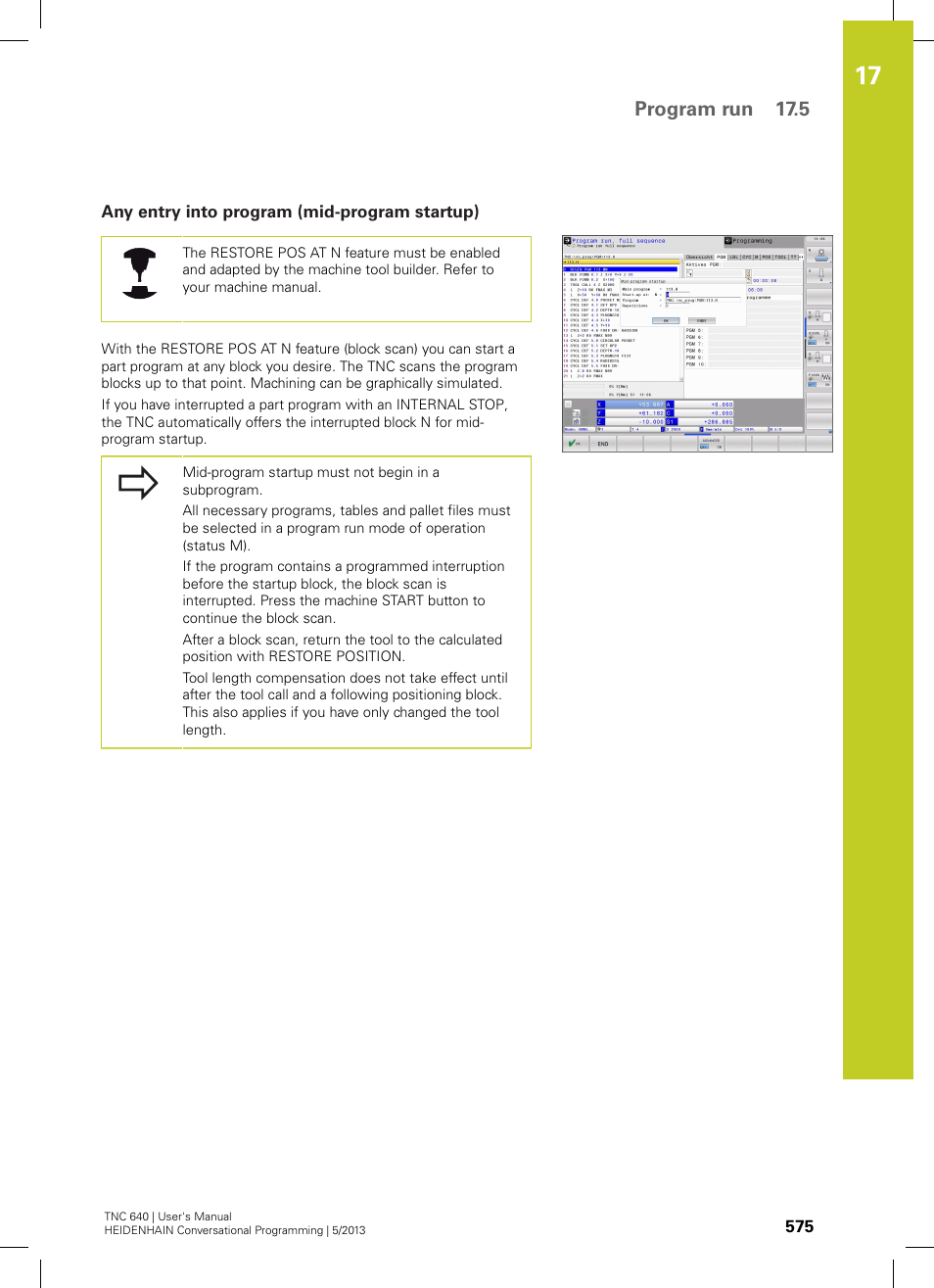 Any entry into program (mid-program startup), Program run 17.5 | HEIDENHAIN TNC 640 (34059x-02) User Manual | Page 575 / 662