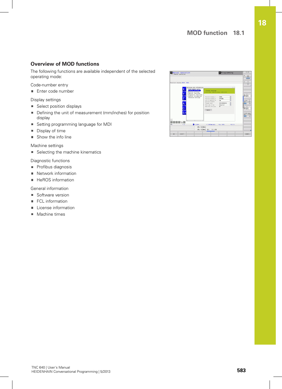 Overview of mod functions, Mod function 18.1 | HEIDENHAIN TNC 640 (34059x-02) User Manual | Page 583 / 662