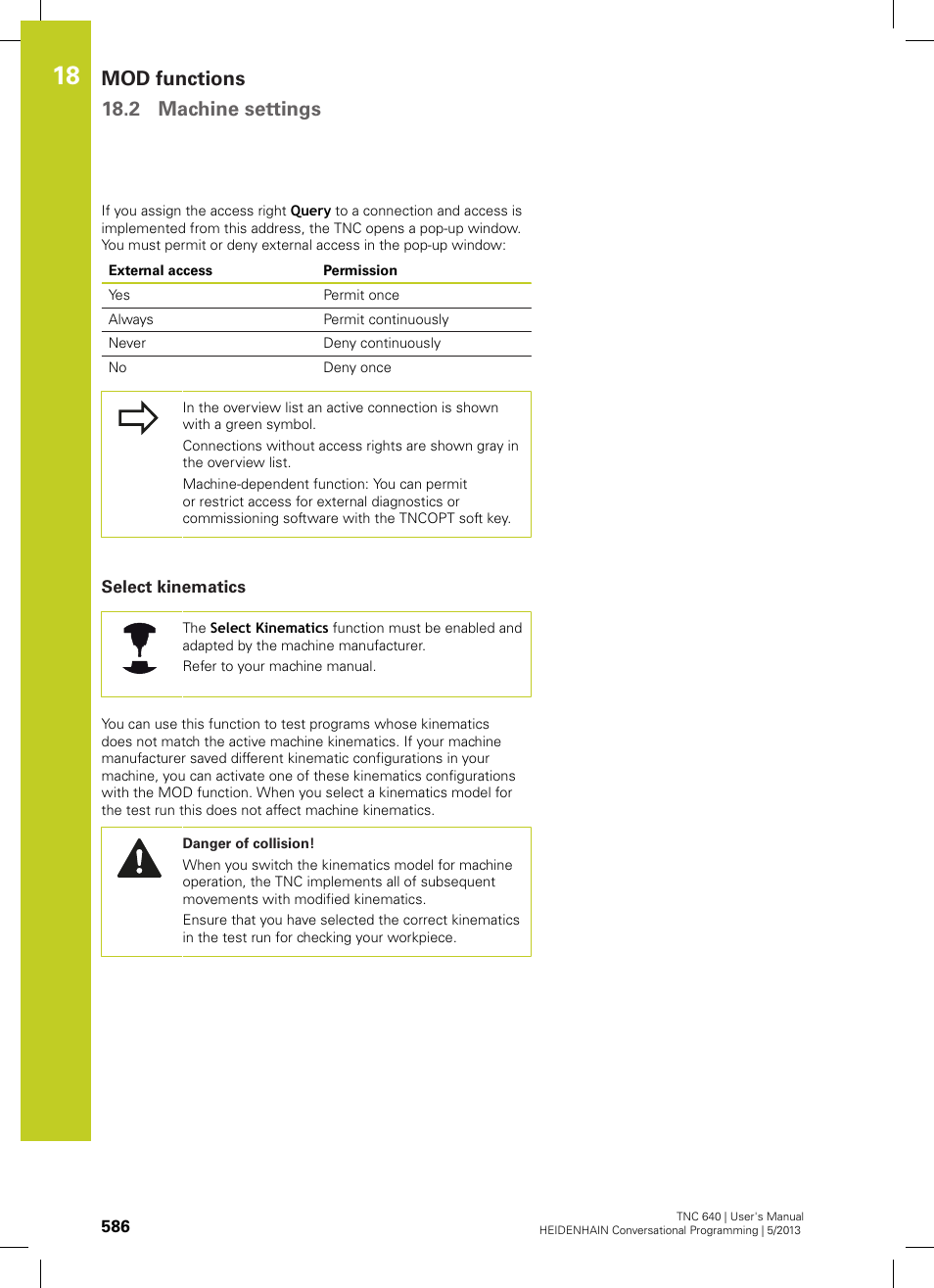 Select kinematics, Mod functions 18.2 machine settings | HEIDENHAIN TNC 640 (34059x-02) User Manual | Page 586 / 662