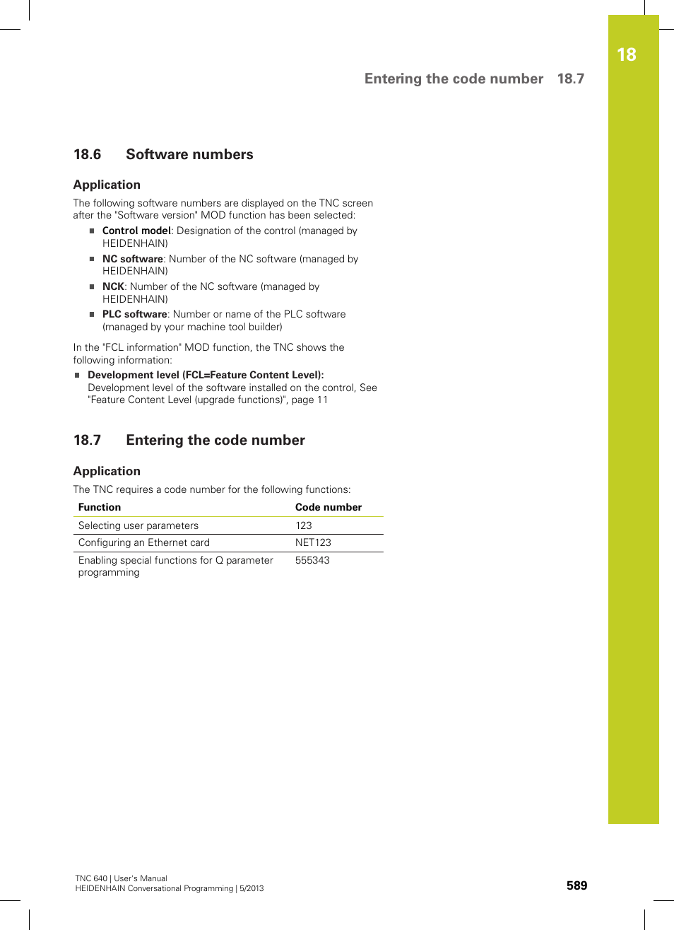 6 software numbers, Application, 7 entering the code number | Software numbers, Entering the code number, Entering the code number 18.7 | HEIDENHAIN TNC 640 (34059x-02) User Manual | Page 589 / 662