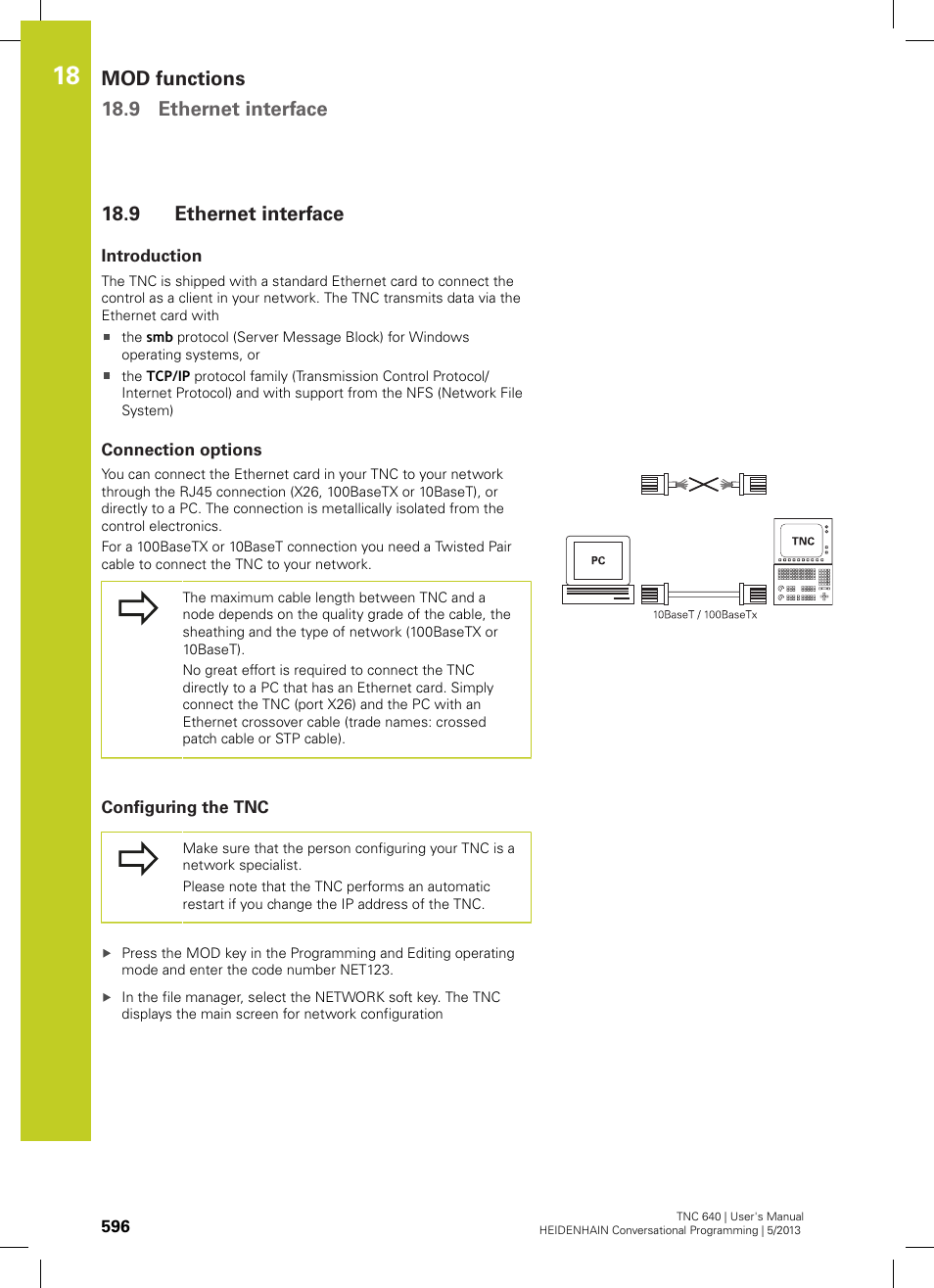 9 ethernet interface, Introduction, Connection options | Configuring the tnc, Ethernet interface, Mod functions 18.9 ethernet interface | HEIDENHAIN TNC 640 (34059x-02) User Manual | Page 596 / 662