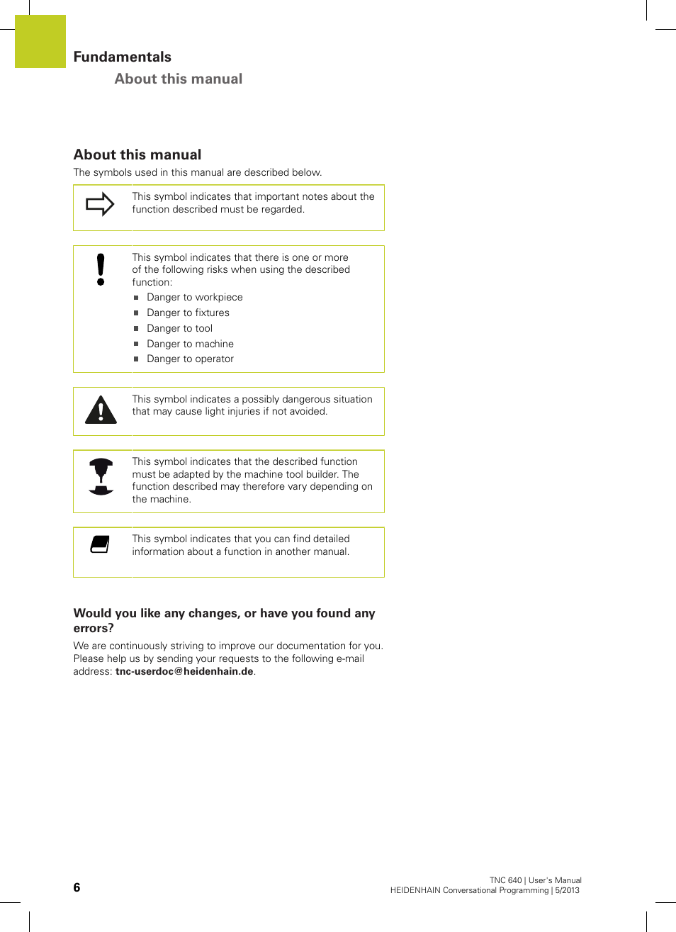 About this manual, Fundamentals about this manual | HEIDENHAIN TNC 640 (34059x-02) User Manual | Page 6 / 662