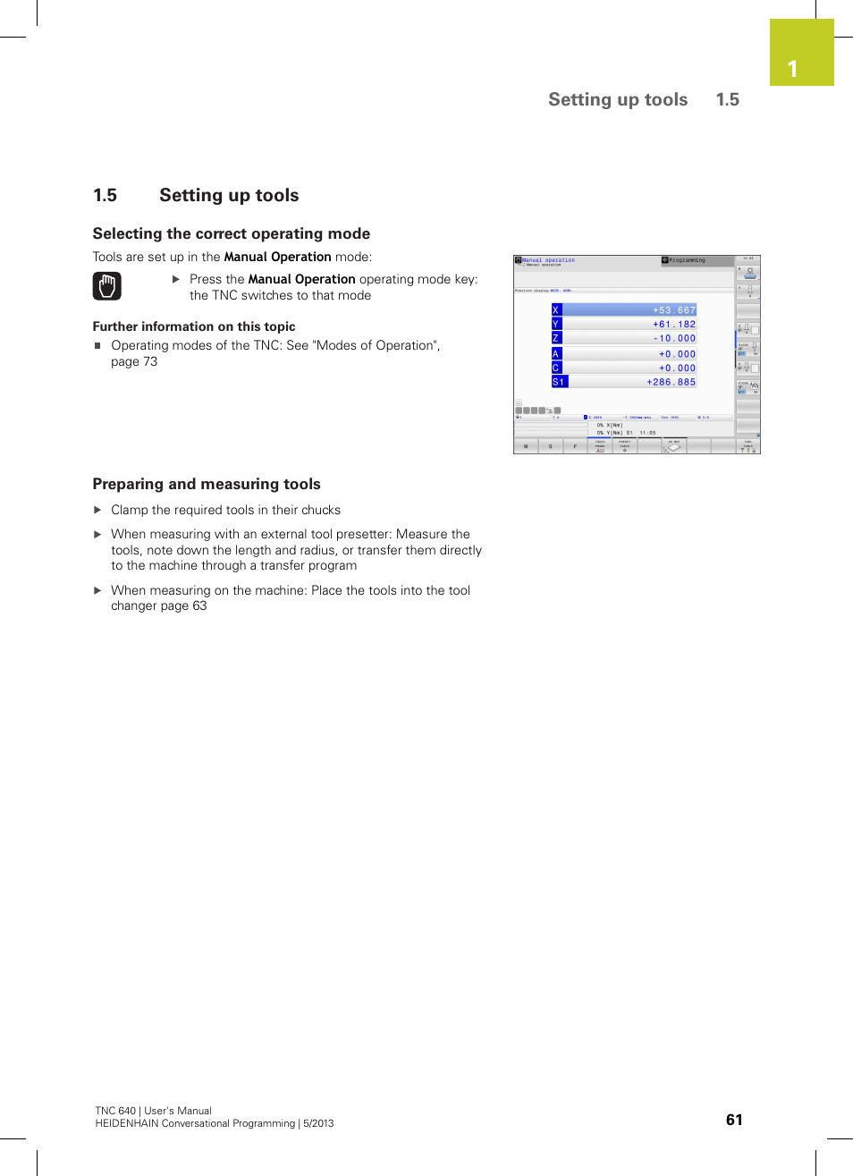 5 setting up tools, Selecting the correct operating mode, Preparing and measuring tools | Setting up tools, Setting up tools 1.5 | HEIDENHAIN TNC 640 (34059x-02) User Manual | Page 61 / 662