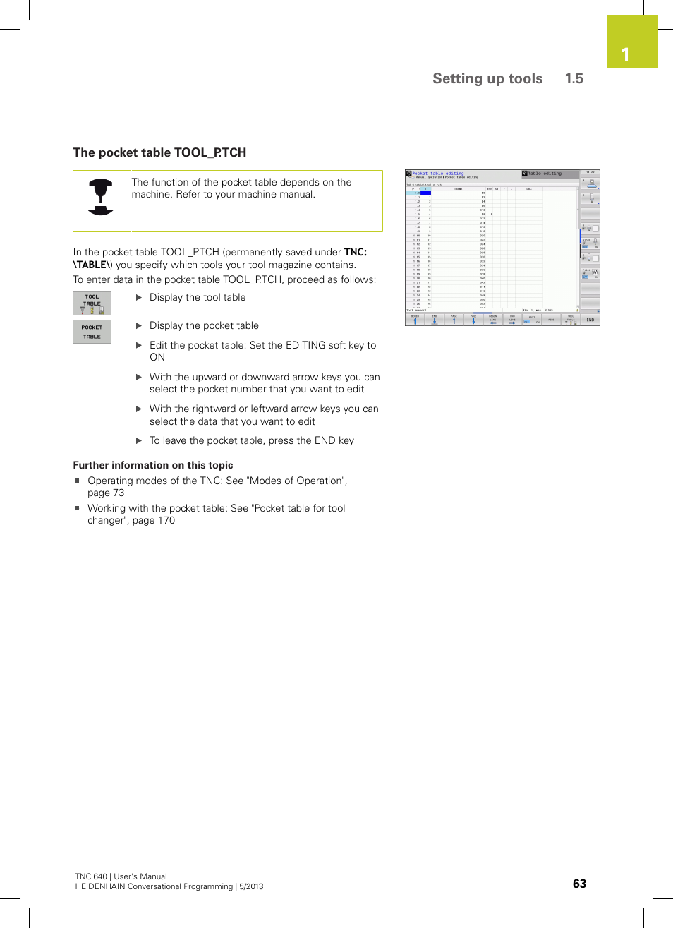 The pocket table tool_p.tch, Setting up tools 1.5 | HEIDENHAIN TNC 640 (34059x-02) User Manual | Page 63 / 662