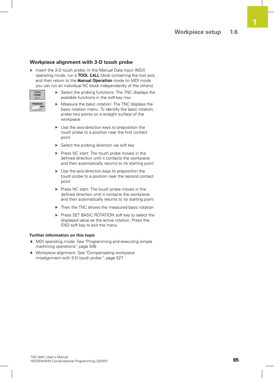 Workpiece alignment with 3-d touch probe, Workpiece setup 1.6 | HEIDENHAIN TNC 640 (34059x-02) User Manual | Page 65 / 662