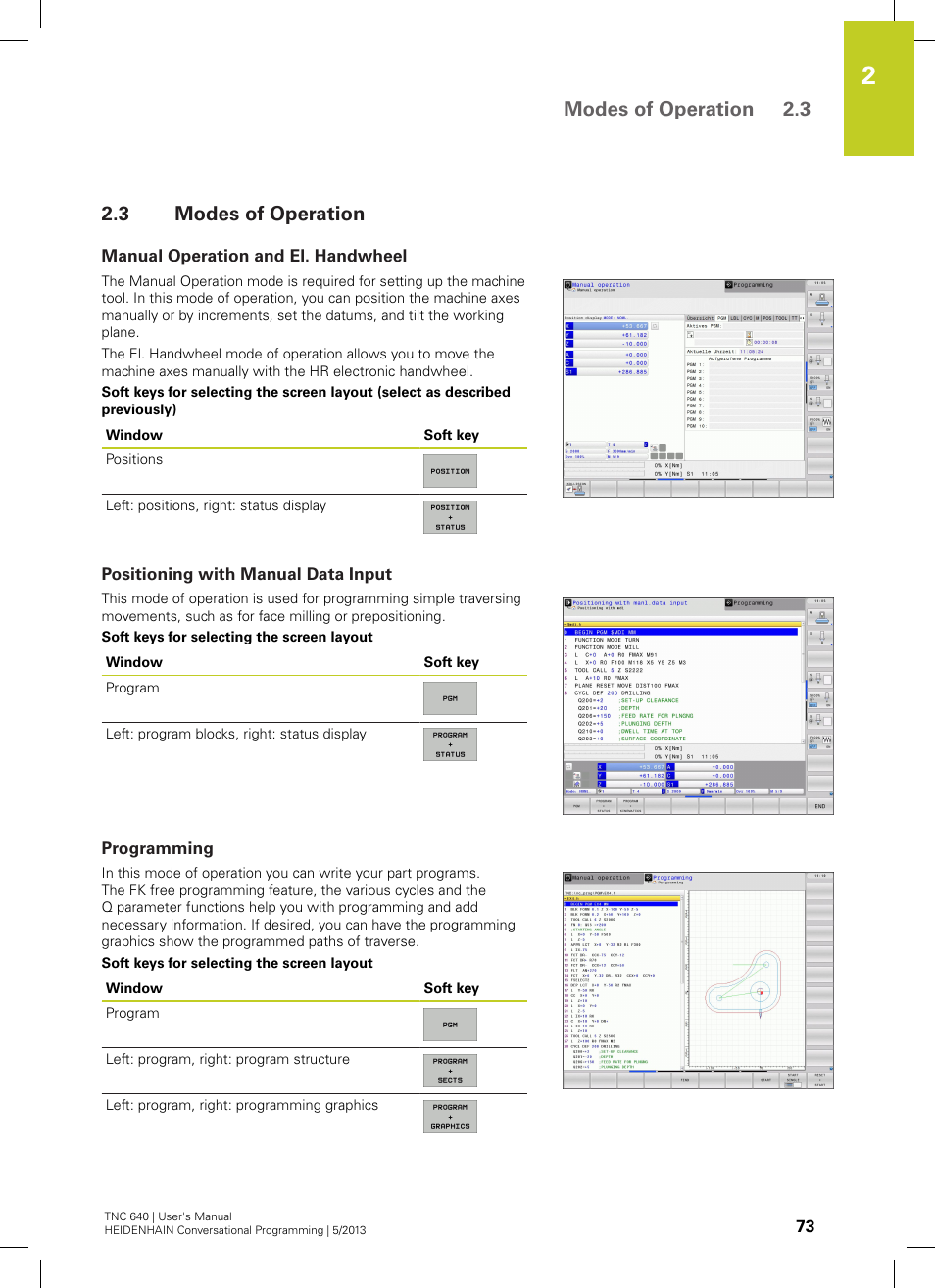 3 modes of operation, Manual operation and el. handwheel, Positioning with manual data input | Programming, Modes of operation, Modes of operation 2.3 | HEIDENHAIN TNC 640 (34059x-02) User Manual | Page 73 / 662