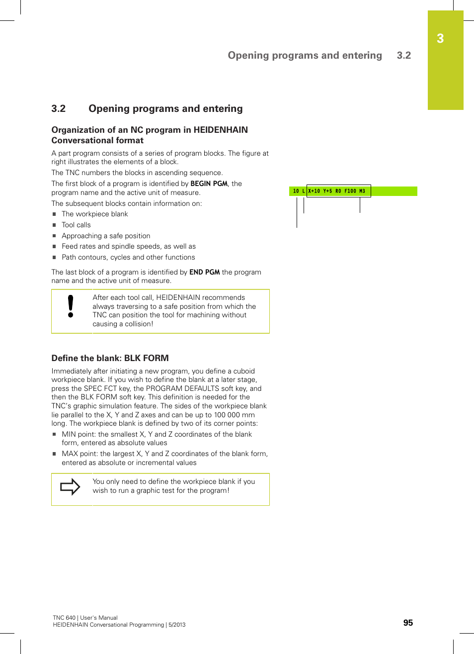 2 opening programs and entering, Define the blank: blk form, Opening programs and entering | Opening programs and entering 3.2 | HEIDENHAIN TNC 640 (34059x-02) User Manual | Page 95 / 662