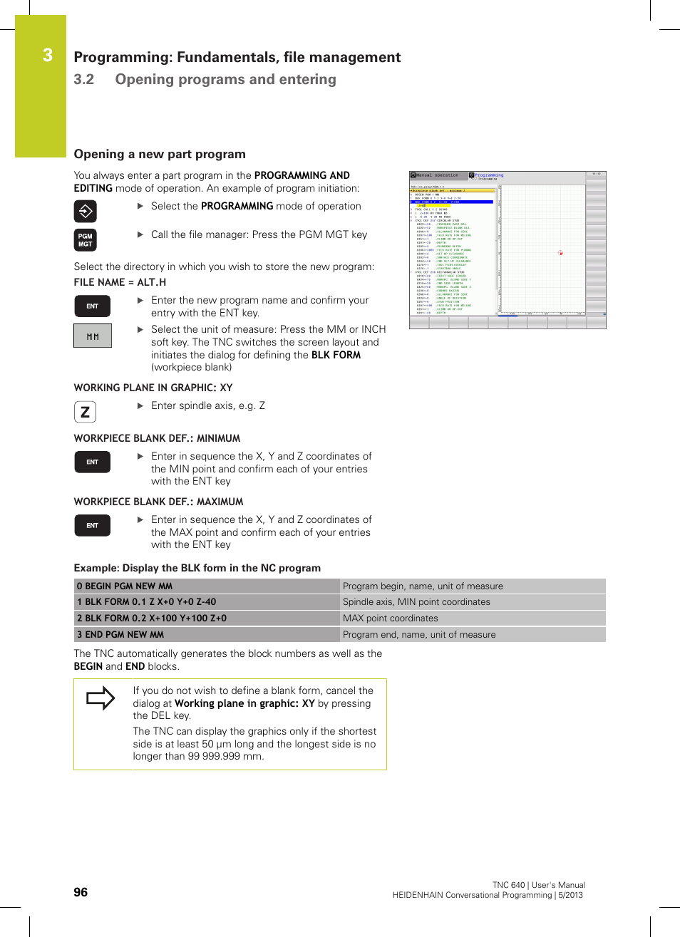 Opening a new part program | HEIDENHAIN TNC 640 (34059x-02) User Manual | Page 96 / 662