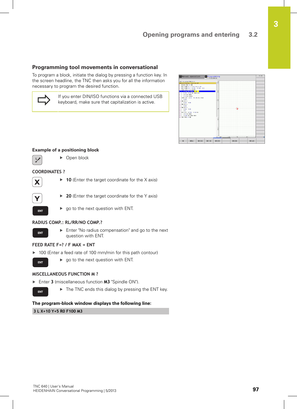Programming tool movements in conversational, Opening programs and entering 3.2 | HEIDENHAIN TNC 640 (34059x-02) User Manual | Page 97 / 662