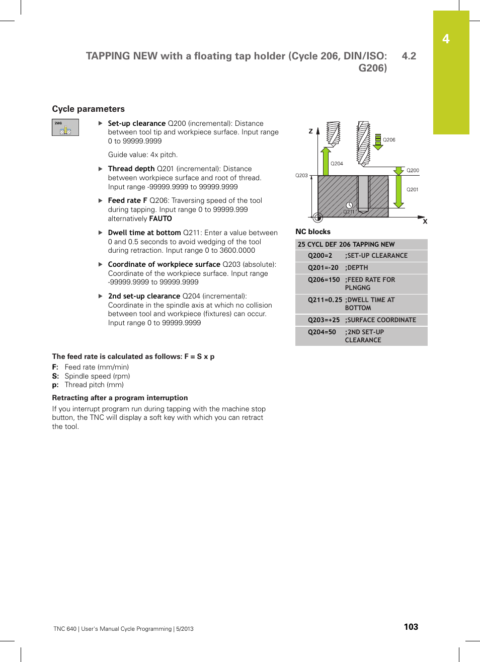 Cycle parameters, The feed rate is calculated as follows: f = s x p, Retracting after a program interruption | HEIDENHAIN TNC 640 (34059x-02) Cycle programming User Manual | Page 103 / 581