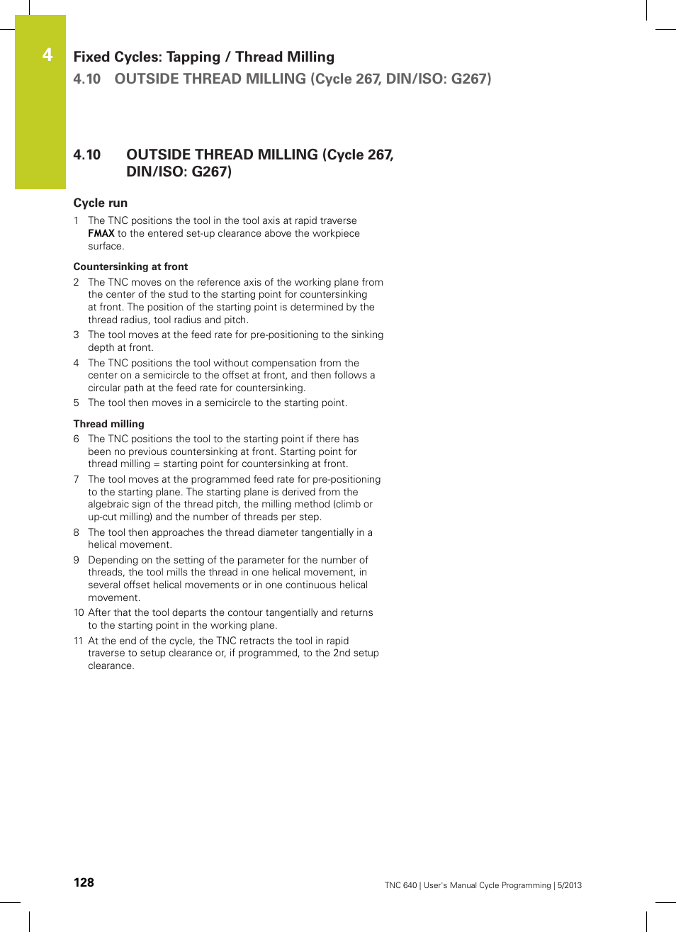 Cycle run, Outside thread milling (cycle 267, din/iso: g267) | HEIDENHAIN TNC 640 (34059x-02) Cycle programming User Manual | Page 128 / 581