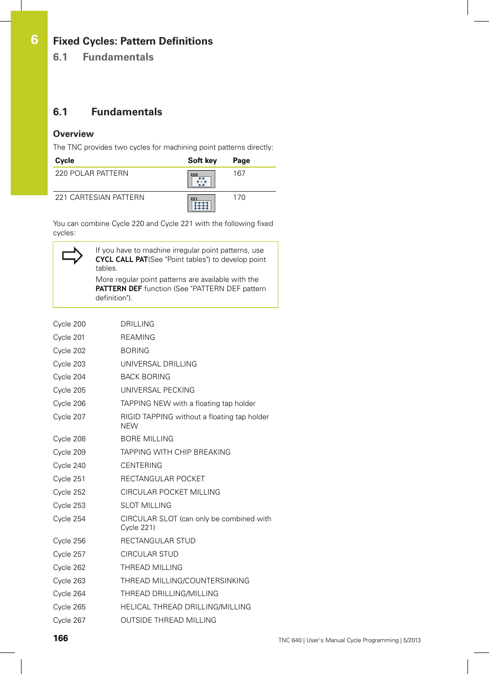 1 fundamentals, Overview, Fundamentals | Fixed cycles: pattern definitions 6.1 fundamentals | HEIDENHAIN TNC 640 (34059x-02) Cycle programming User Manual | Page 166 / 581