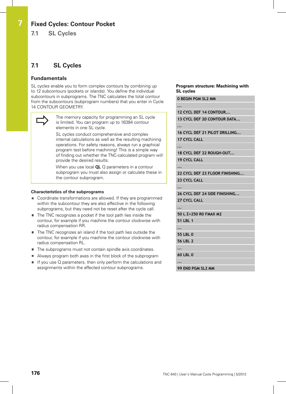 1 sl cycles, Fundamentals, Sl cycles | Fixed cycles: contour pocket 7.1 sl cycles | HEIDENHAIN TNC 640 (34059x-02) Cycle programming User Manual | Page 176 / 581