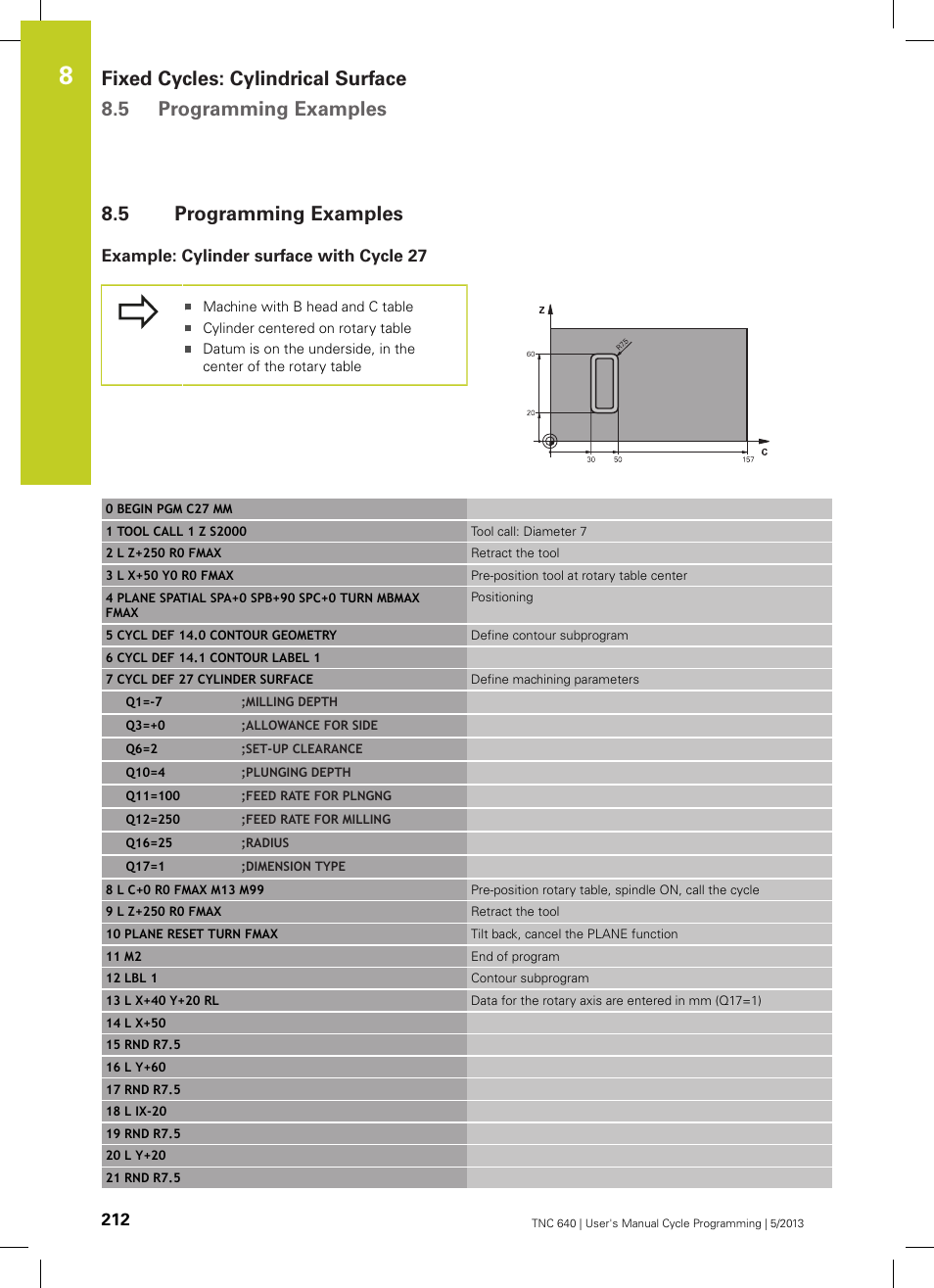 5 programming examples, Example: cylinder surface with cycle 27, Programming examples | HEIDENHAIN TNC 640 (34059x-02) Cycle programming User Manual | Page 212 / 581