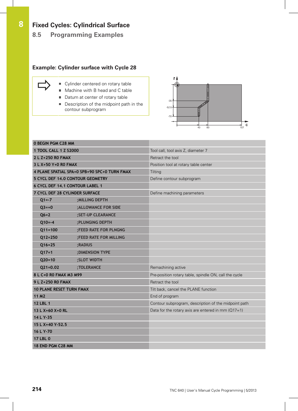 Example: cylinder surface with cycle 28 | HEIDENHAIN TNC 640 (34059x-02) Cycle programming User Manual | Page 214 / 581