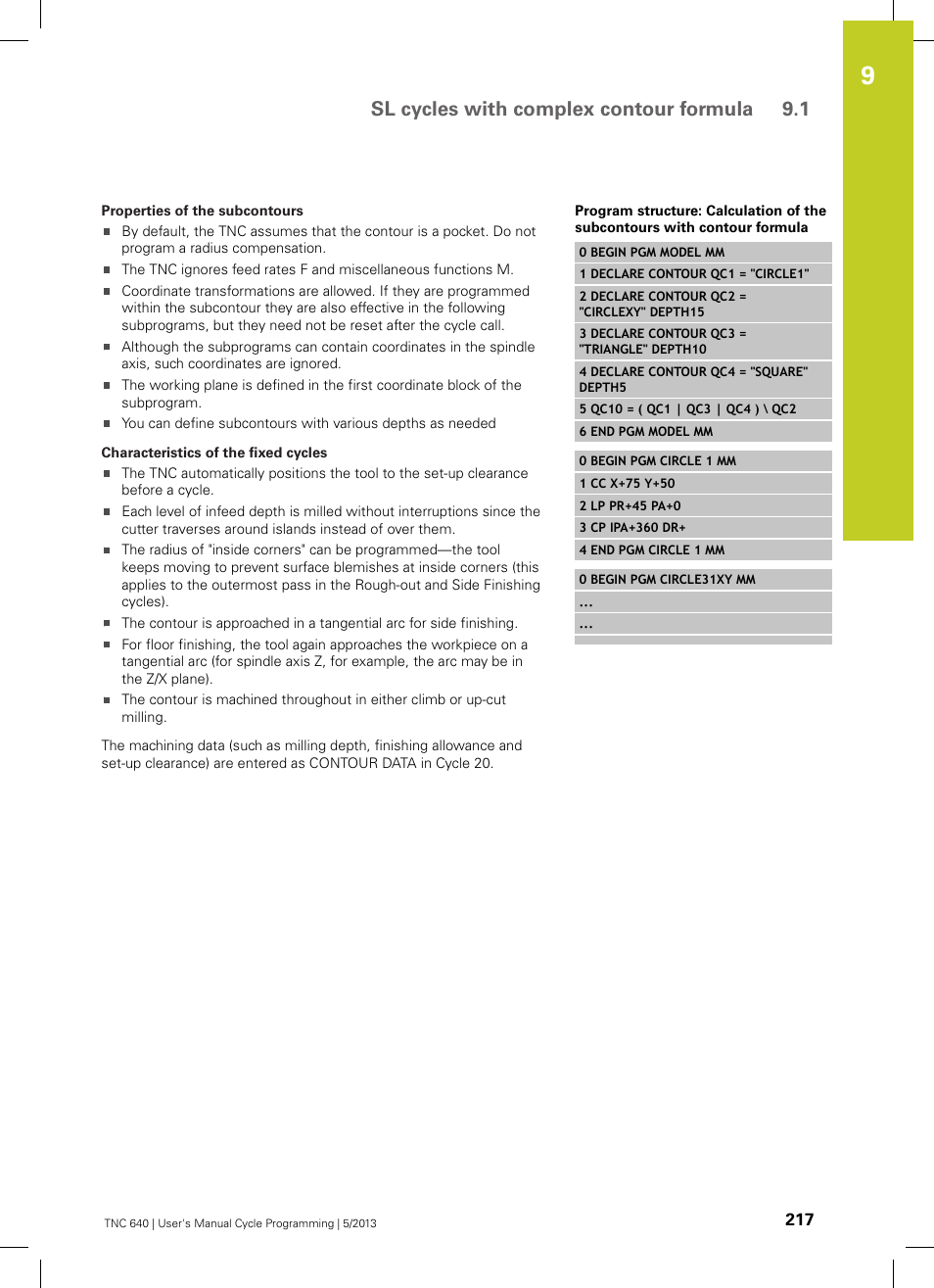 Sl cycles with complex contour formula 9.1 | HEIDENHAIN TNC 640 (34059x-02) Cycle programming User Manual | Page 217 / 581