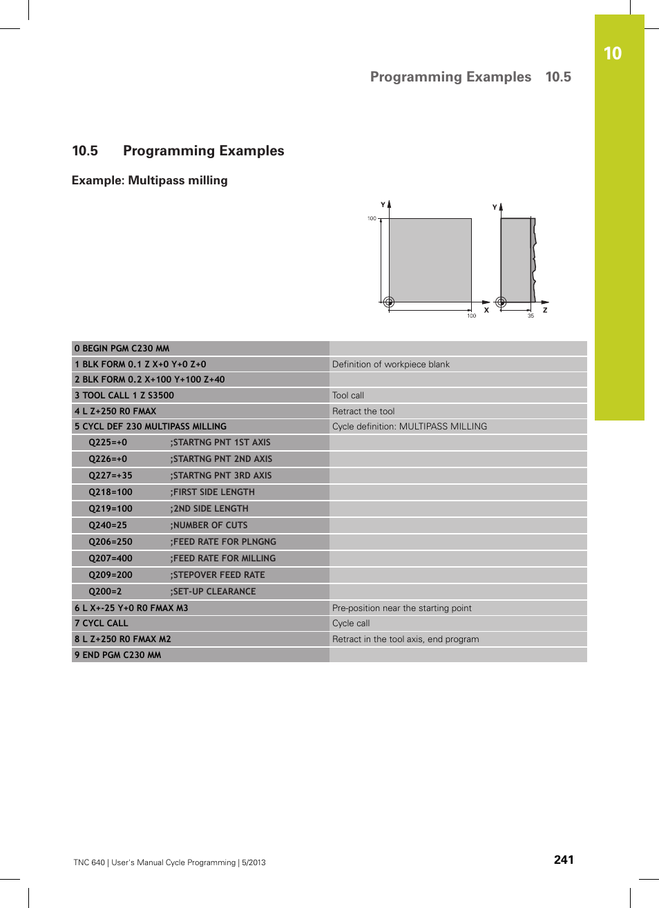 5 programming examples, Example: multipass milling, Programming examples | Programming examples 10.5 | HEIDENHAIN TNC 640 (34059x-02) Cycle programming User Manual | Page 241 / 581