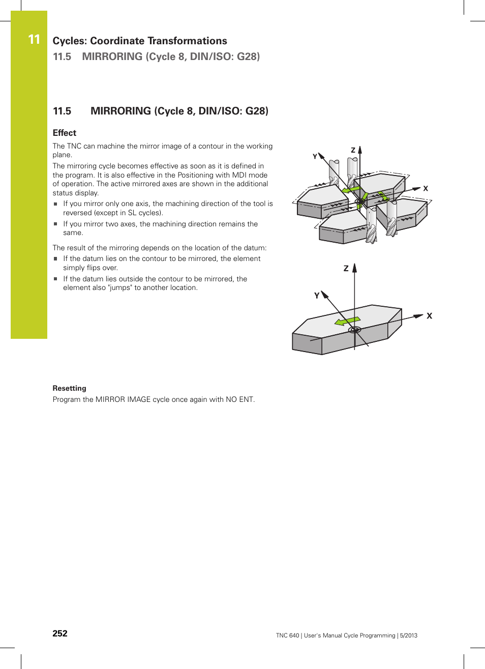 5 mirroring (cycle 8, din/iso: g28), Effect, Mirroring (cycle 8, din/iso: g28) | HEIDENHAIN TNC 640 (34059x-02) Cycle programming User Manual | Page 252 / 581