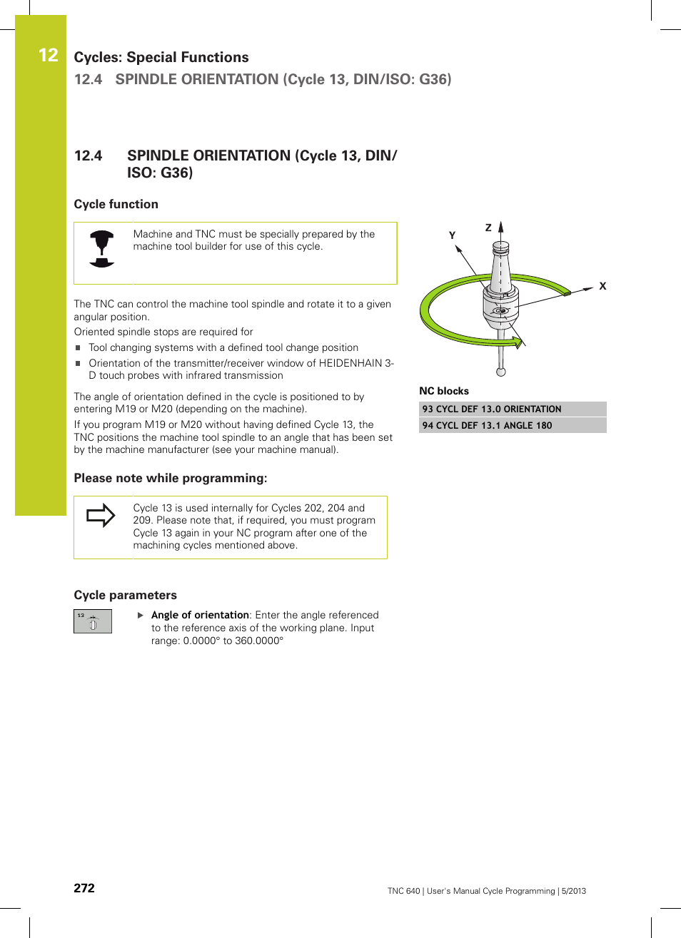 4 spindle orientation (cycle 13, din/iso: g36), Cycle function, Please note while programming | Cycle parameters, Spindle orientation (cycle 13, din/iso: g36) | HEIDENHAIN TNC 640 (34059x-02) Cycle programming User Manual | Page 272 / 581