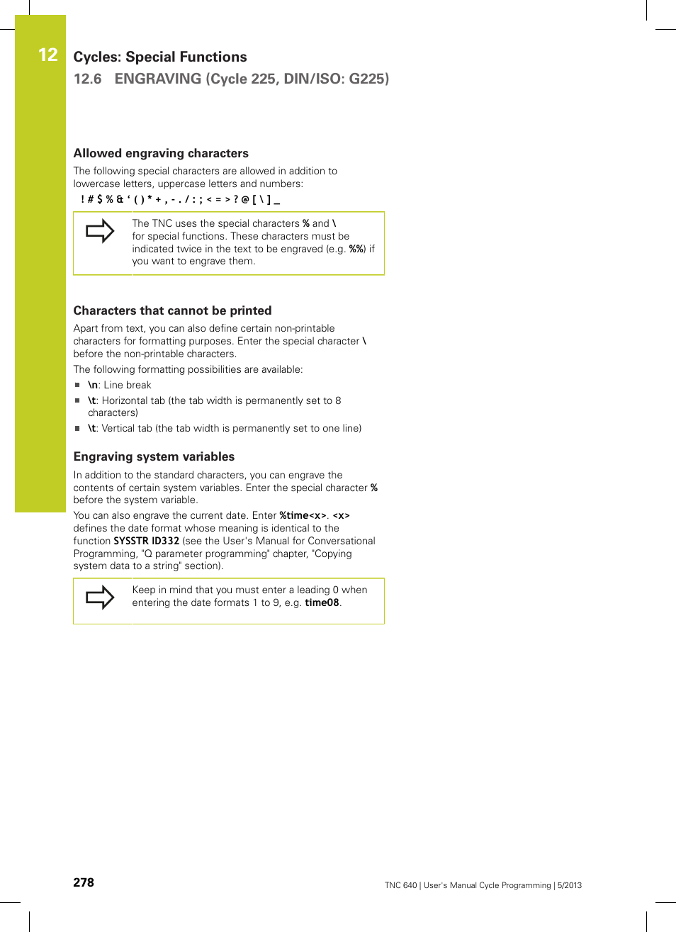 Allowed engraving characters, Characters that cannot be printed, Engraving system variables | HEIDENHAIN TNC 640 (34059x-02) Cycle programming User Manual | Page 278 / 581