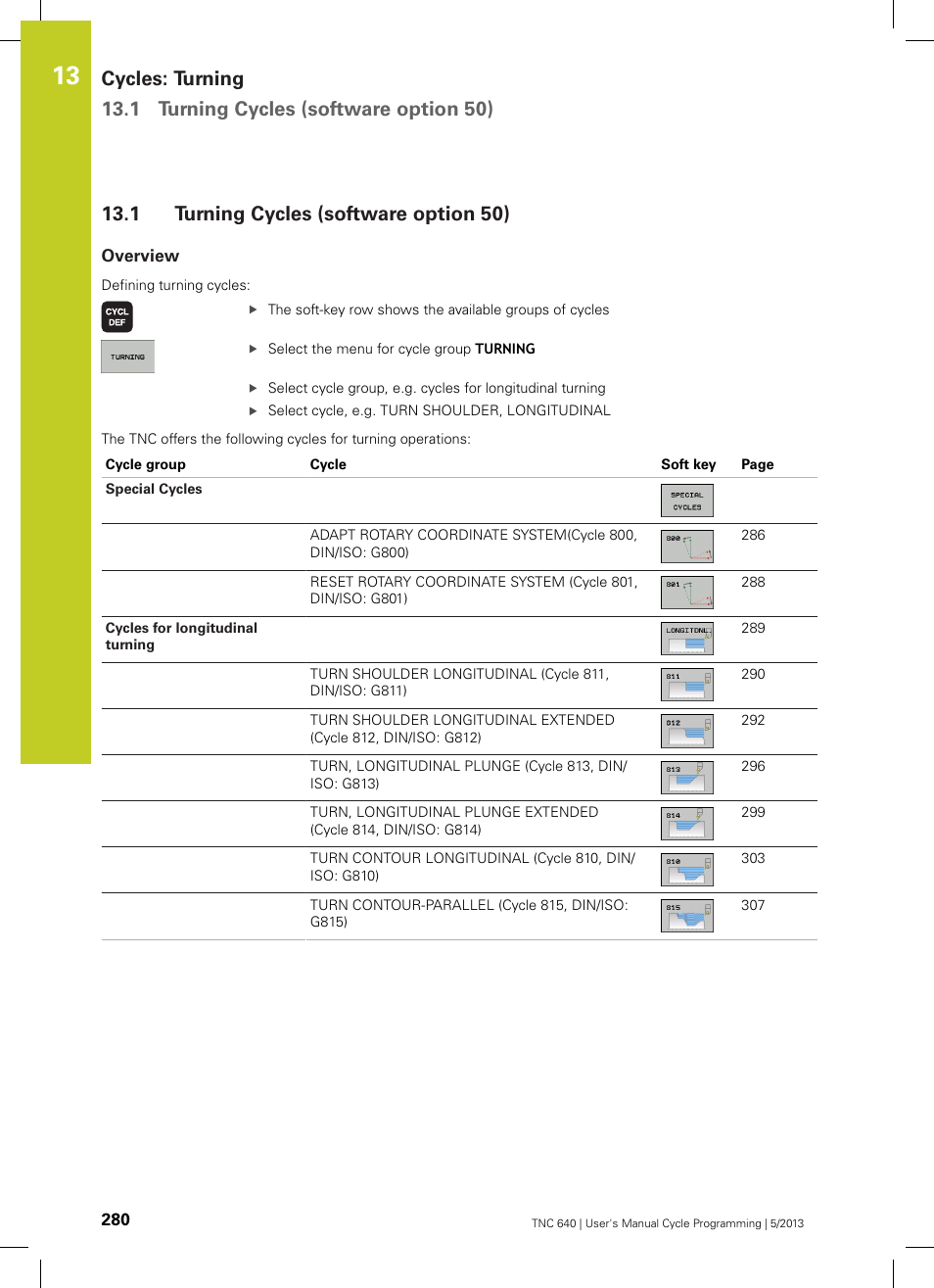1 turning cycles (software option 50), Overview, Turning cycles (software option 50) | HEIDENHAIN TNC 640 (34059x-02) Cycle programming User Manual | Page 280 / 581