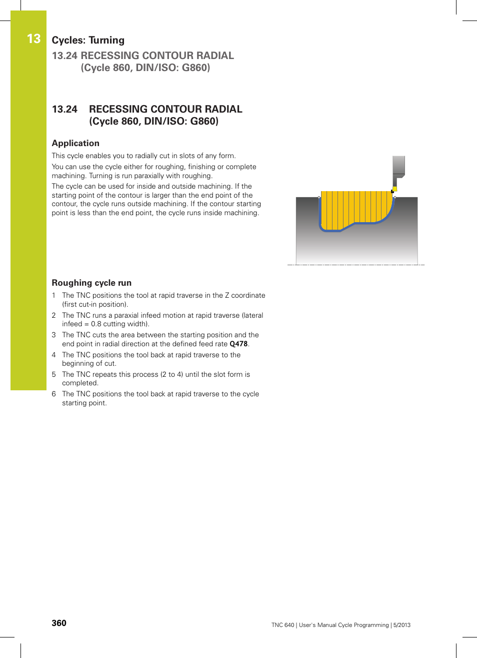 Application, Roughing cycle run, Recessing contour radial(cycle 860, din/iso: g860) | HEIDENHAIN TNC 640 (34059x-02) Cycle programming User Manual | Page 360 / 581