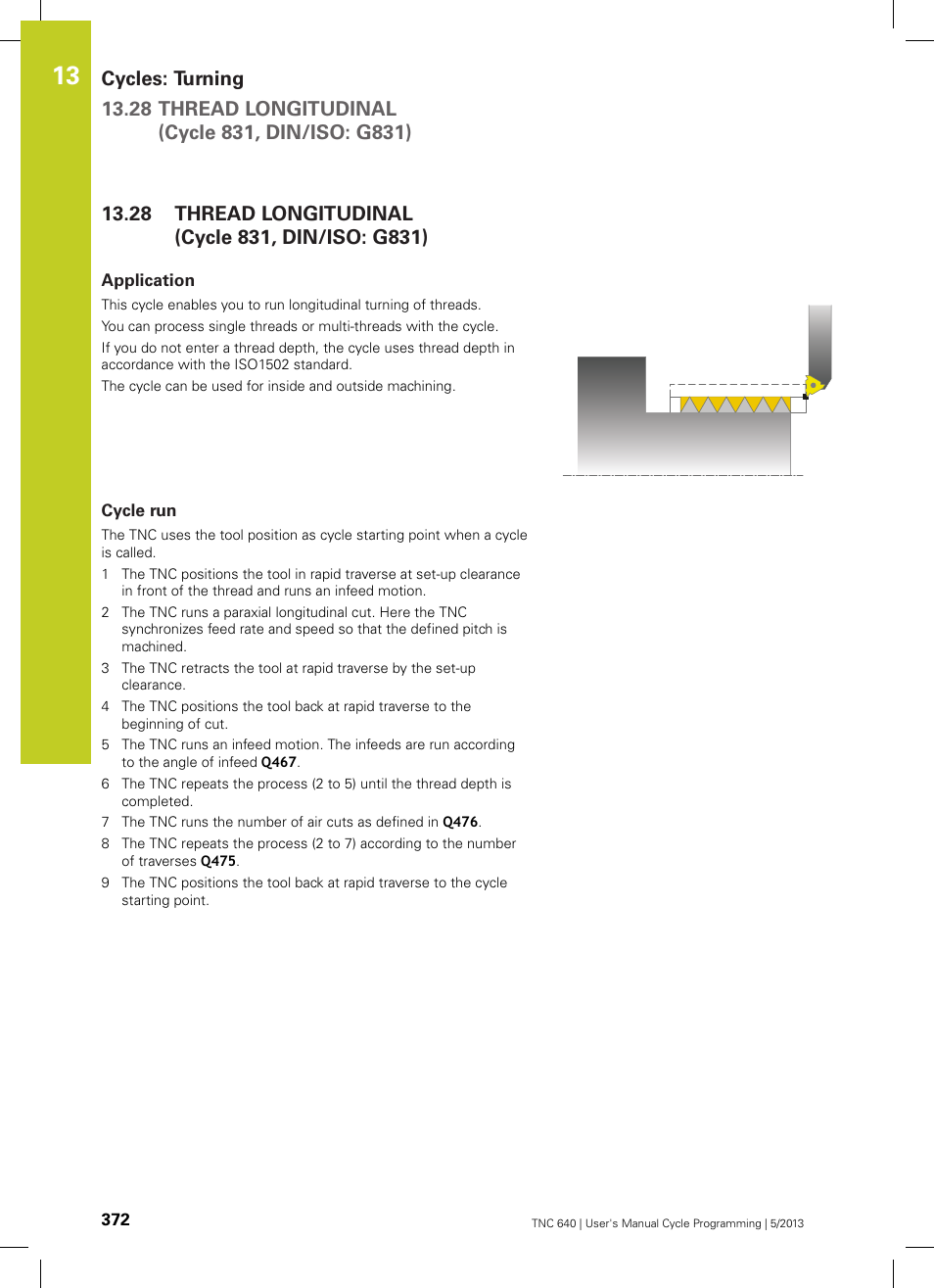 28 thread longitudinal (cycle 831, din/iso: g831), Application, Cycle run | Thread longitudinal (cycle 831, din/iso: g831) | HEIDENHAIN TNC 640 (34059x-02) Cycle programming User Manual | Page 372 / 581