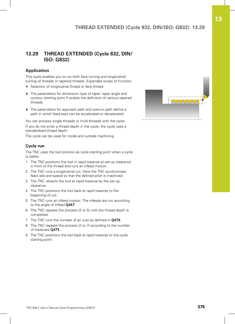 29 thread extended (cycle 832, din/iso: g832), Application, Cycle run | Thread extended (cycle 832, din/iso: g832) | HEIDENHAIN TNC 640 (34059x-02) Cycle programming User Manual | Page 375 / 581