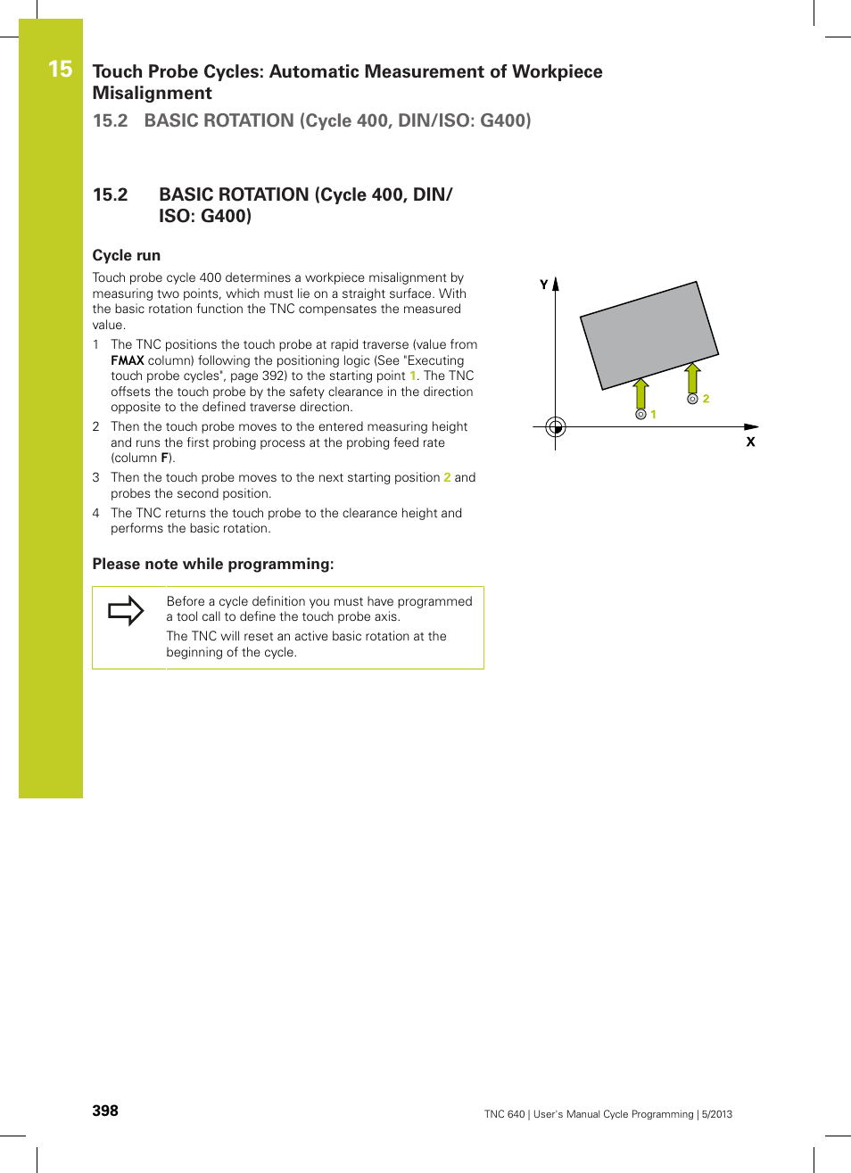 2 basic rotation (cycle 400, din/iso: g400), Cycle run, Please note while programming | Basic rotation (cycle 400, din/iso: g400) | HEIDENHAIN TNC 640 (34059x-02) Cycle programming User Manual | Page 398 / 581